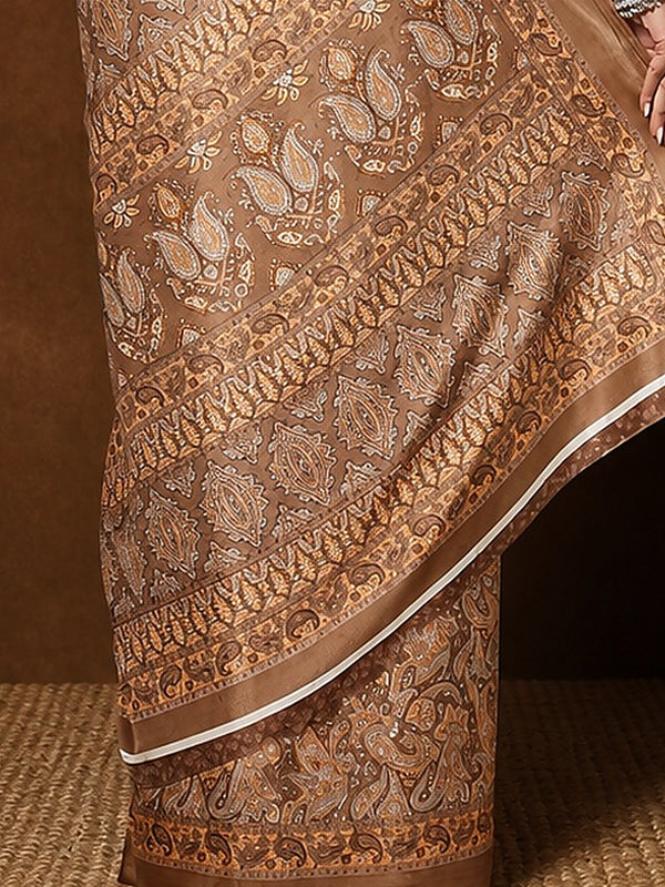 Indiehaat | Kashmiri Silk Printed Saree Tan & Brown
