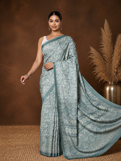 Grey Blue Paisley Printed Kashmiri Silk Saree | Silsila