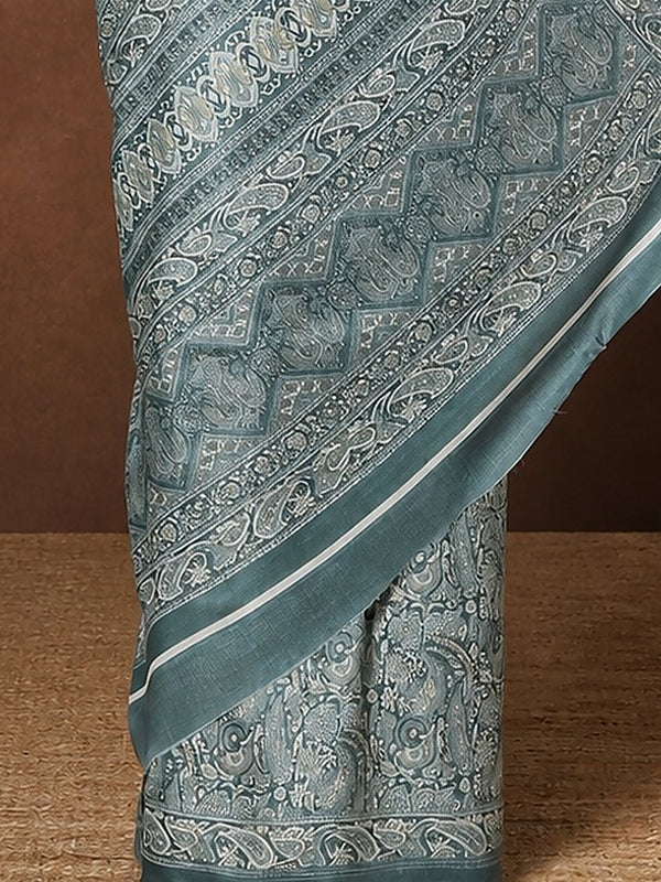 Indiehaat | Kashmiri Silk Printed Saree Greyish Blue & Pa