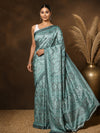 Slate grey and teal printed saree in a medium all-over paisley print with a narrow tonal border.