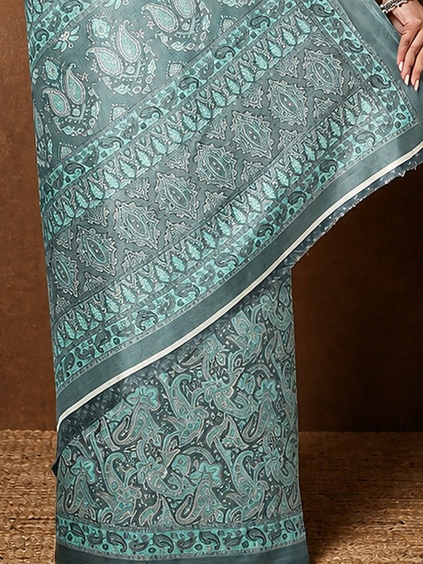 Indiehaat | Kashmiri Silk Printed Saree Slate Grey & Teal