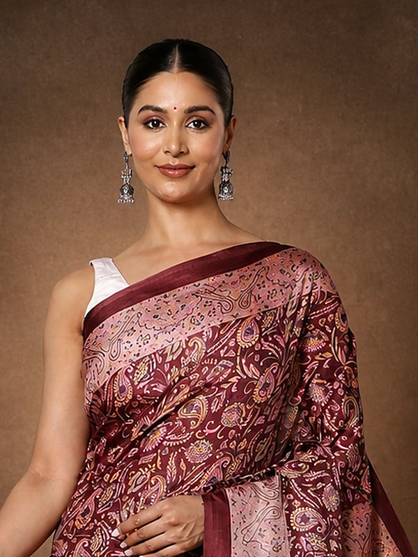 Indiehaat | Kashmiri Silk Printed Saree Maroon & Burgundy