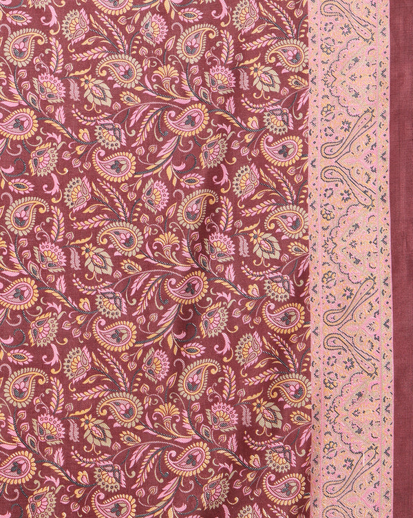 Indiehaat | Kashmiri Silk Printed Saree Maroon & Burgundy