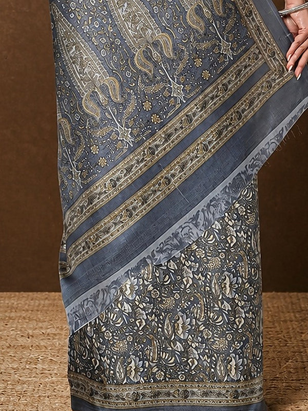 Indiehaat | Kashmiri Silk Printed Saree Slate Grey & Char