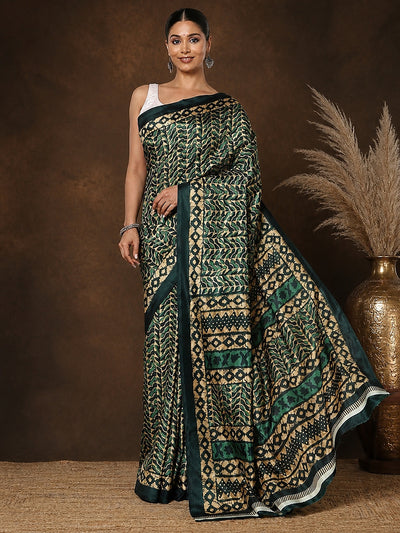 Green & Gold Geometric Kashmiri Silk Saree | Taal