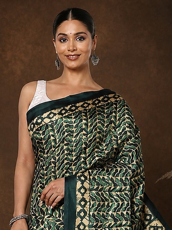 Indiehaat | Kashmiri Silk Printed Saree Forest Green & Gold