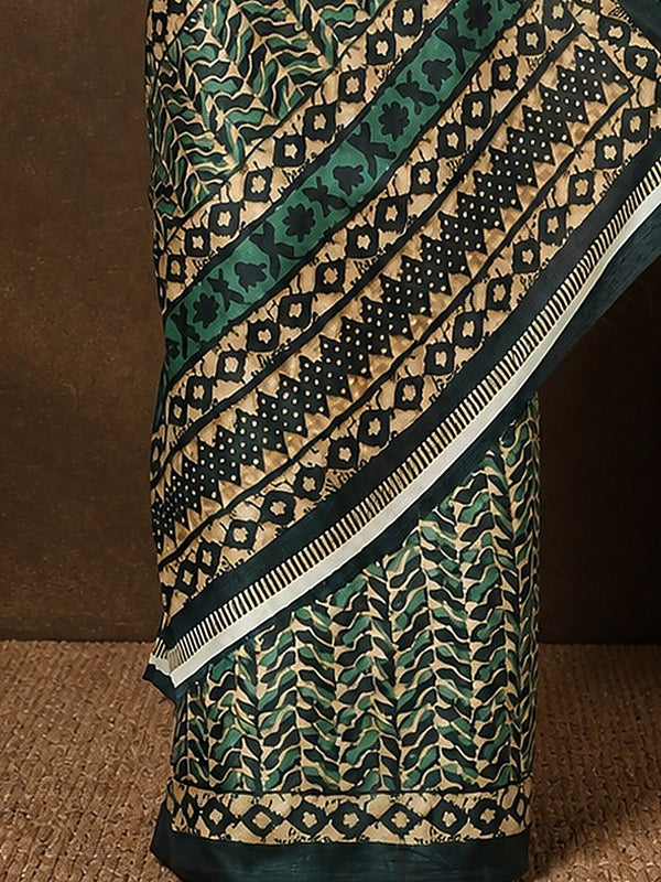 Indiehaat | Kashmiri Silk Printed Saree Forest Green & Gold
