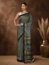 Indiehaat | Kashmiri Silk Printed Saree Forest Green & Gold