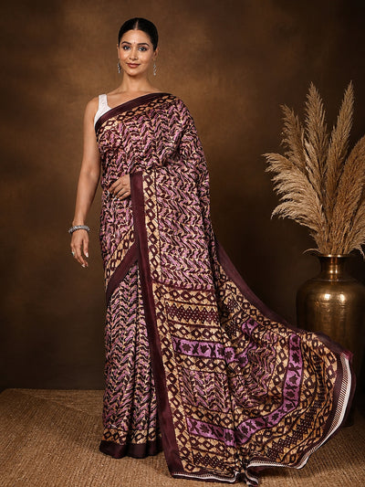Brown & Tan Abstract Kashmiri Silk Saree | Taal