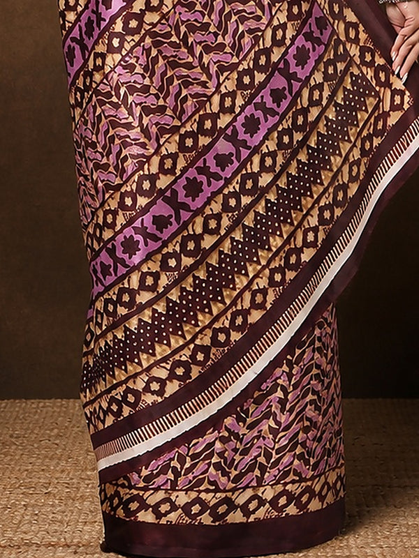 Indiehaat | Kashmiri Silk Printed Saree Dark Brown & Tan