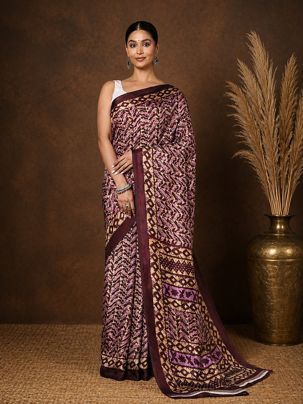 Indiehaat | Kashmiri Silk Printed Saree Dark Brown & Tan