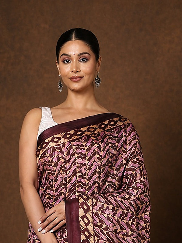 Indiehaat | Kashmiri Silk Printed Saree Dark Brown & Tan
