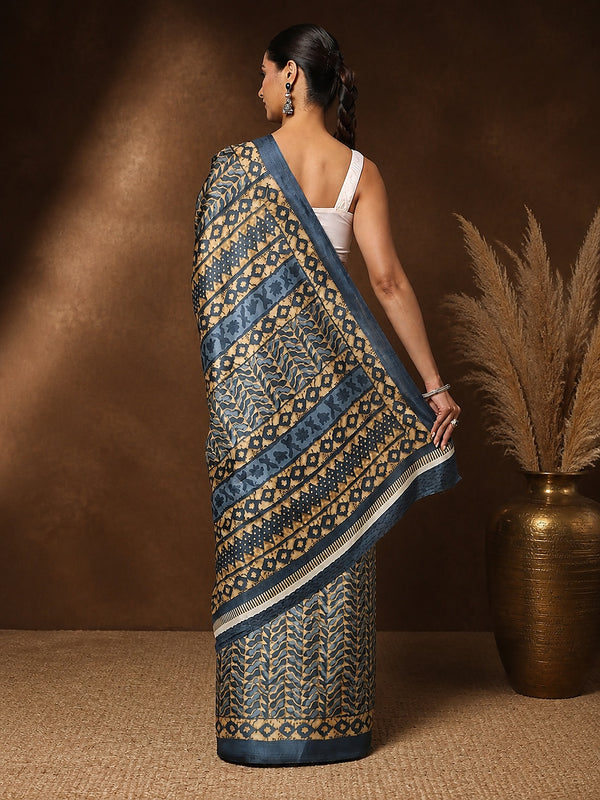 Indiehaat | Kashmiri Silk Printed Saree Dark Blue & Tan