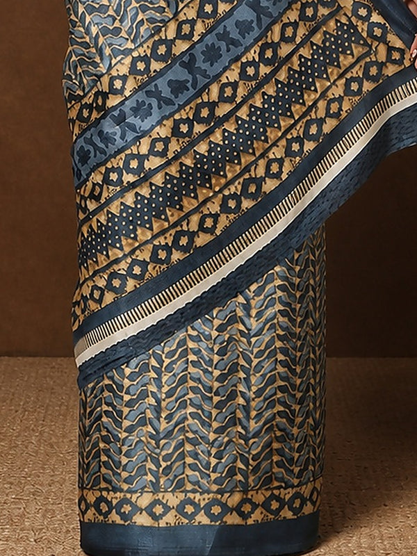 Indiehaat | Kashmiri Silk Printed Saree Dark Blue & Tan