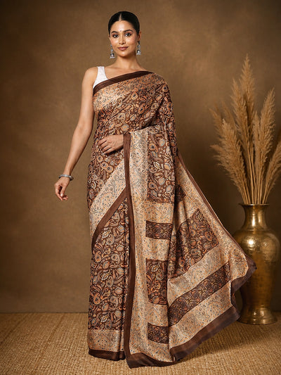Dark Brown Paisley Kashmiri Silk Printed Saree | Manzil
