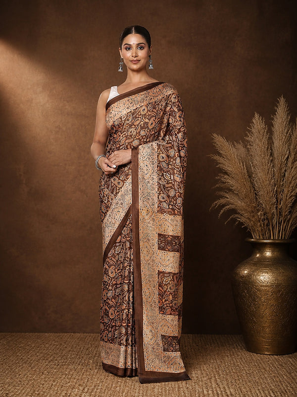 Indiehaat | Kashmiri Silk Printed Saree Dark Brown & Ligh