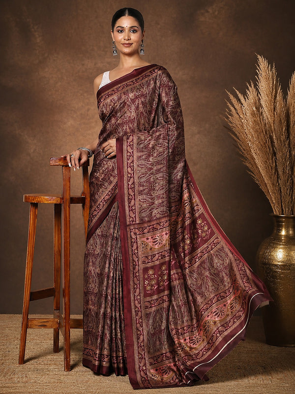 Indiehaat | Kashmiri Silk Printed Saree Dark Maroon & Brown