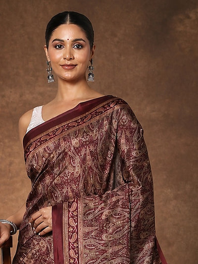 Indiehaat | Kashmiri Silk Printed Saree Dark Maroon & Brown