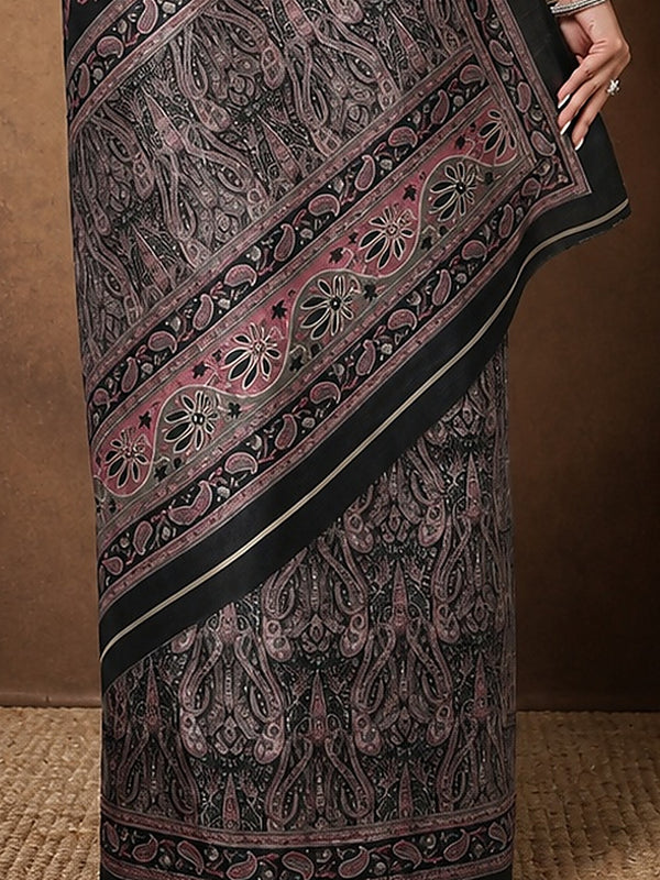Indiehaat | Kashmiri Silk Printed Saree Black & Charcoal 