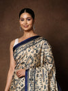 Indiehaat | Kashmiri Silk Printed Saree Beige & Navy Blue