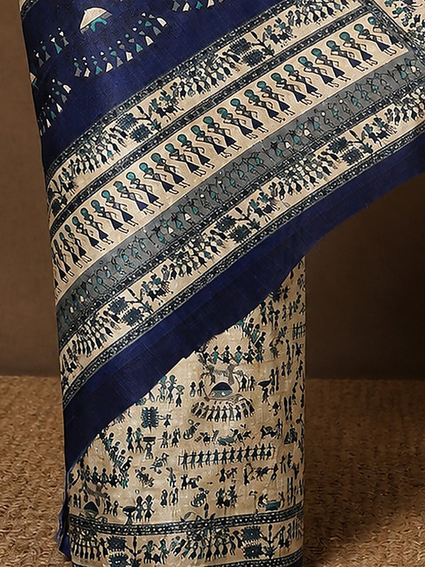 Indiehaat | Kashmiri Silk Printed Saree Beige & Navy Blue