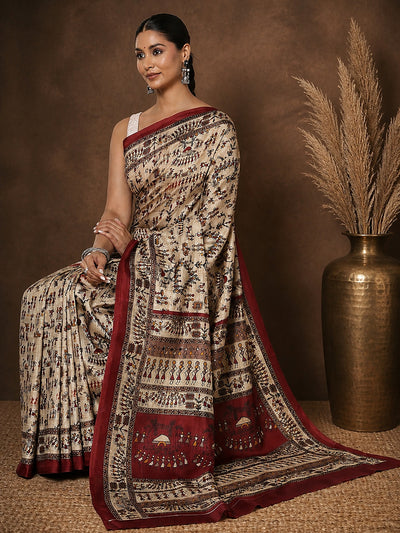 Beige & Maroon Warli Printed Kashmiri Silk Saree | Manzar