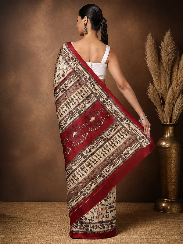 Indiehaat | Kashmiri Silk Printed Saree Beige & Maroon