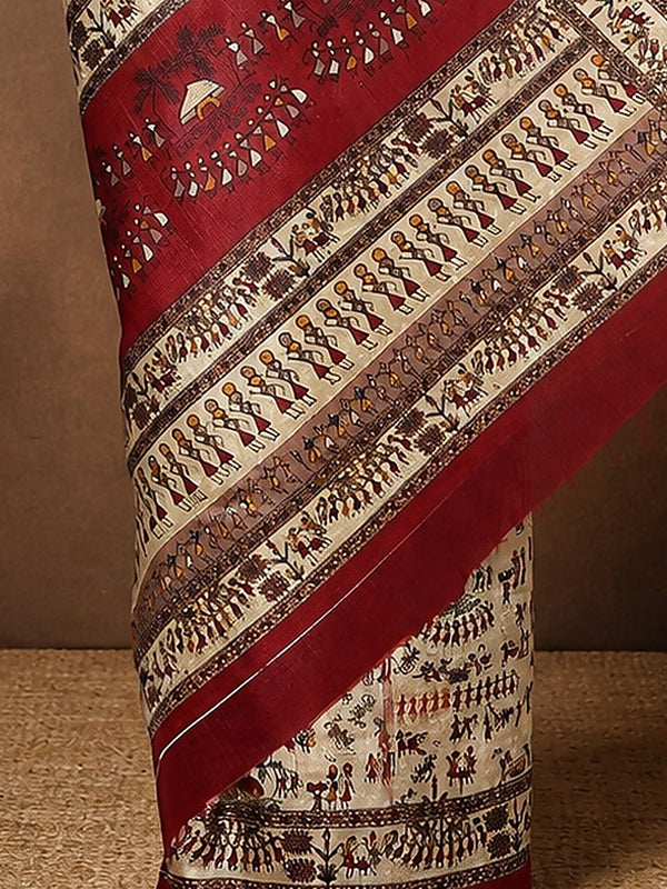 Indiehaat | Kashmiri Silk Printed Saree Beige & Maroon