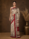 Indiehaat | Kashmiri Silk Printed Saree Beige & Maroon