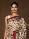 Indiehaat | Kashmiri Silk Printed Saree Beige & Maroon