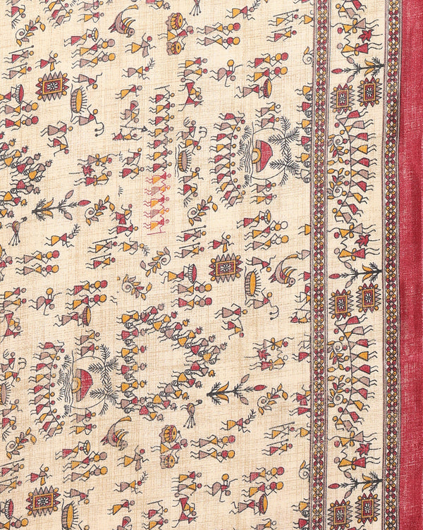 Indiehaat | Kashmiri Silk Printed Saree Beige & Maroon