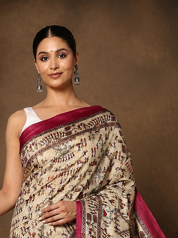 Indiehaat | Kashmiri Silk Printed Saree Beige & Magenta
