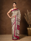 Indiehaat | Kashmiri Silk Printed Saree Beige & Magenta