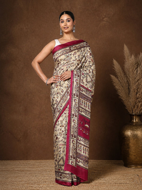 Indiehaat | Kashmiri Silk Printed Saree Beige & Magenta