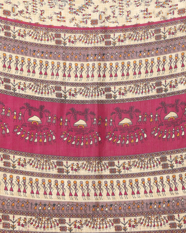 Indiehaat | Kashmiri Silk Printed Saree Beige & Magenta