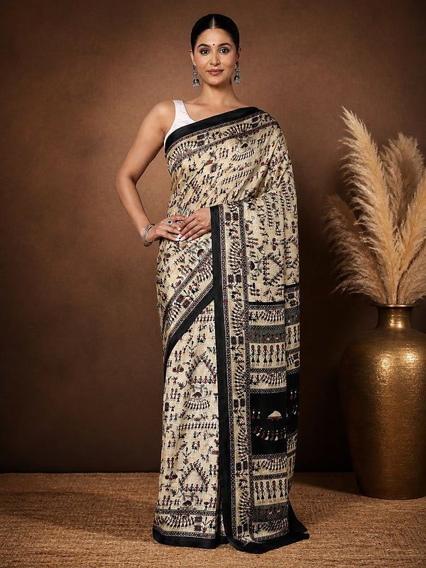 Indiehaat | Kashmiri Silk Printed Saree Beige & Black
