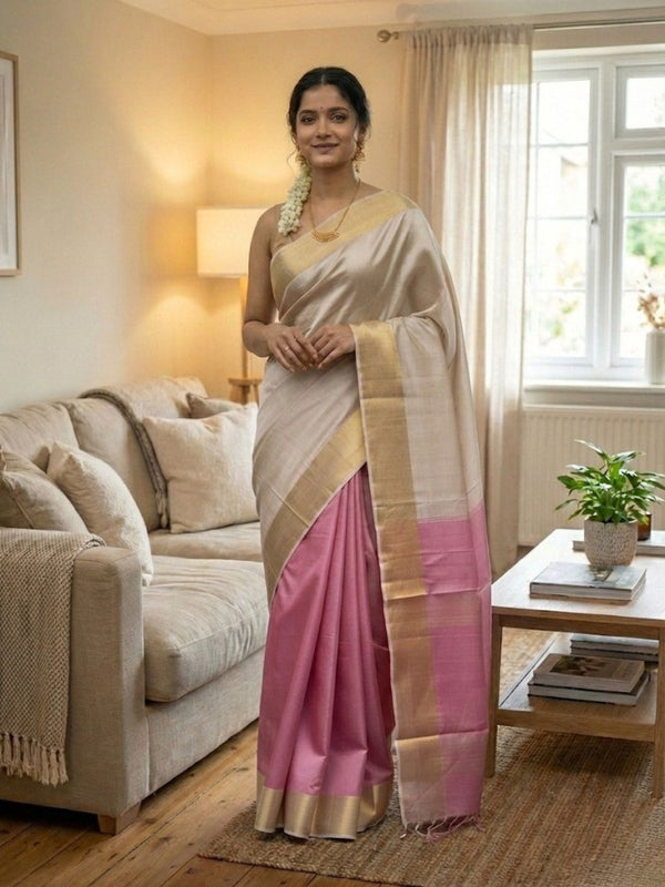Indiehaat | Kota Silk Hand Dyed Saree Beige & Pink