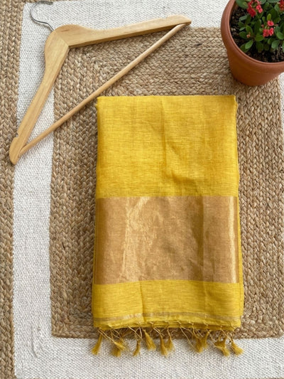 Indiehaat | Pure Handloom Silk Linen Saree Yellow