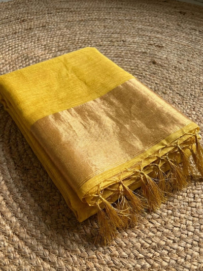 Indiehaat | Pure Handloom Silk Linen Saree Yellow