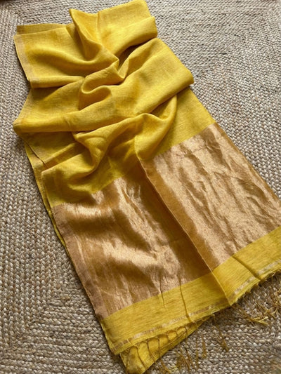 Indiehaat | Pure Handloom Silk Linen Saree Yellow
