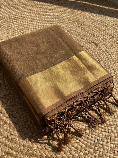 Indiehaat | Pure Handloom Silk Linen Saree Brown