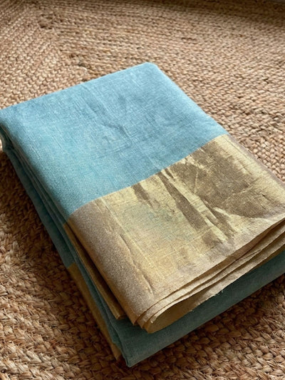 Indiehaat | Pure Handloom Silk Linen Saree Blue