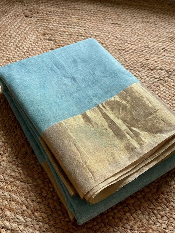 Indiehaat | Pure Handloom Silk Linen Saree Blue