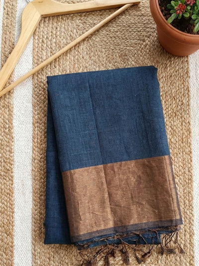 Indiehaat | Pure Handloom Silk Linen Saree Blue