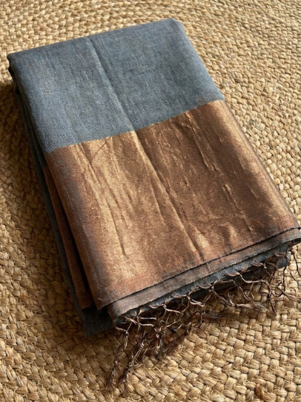 Indiehaat | Pure Handloom Silk Linen Saree Blue