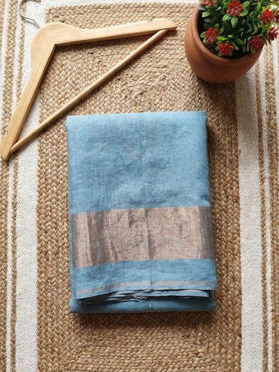 Indiehaat | Pure Handloom Silk Linen Saree Blue