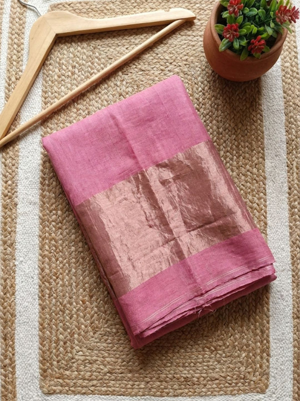 Indiehaat | Pure Handloom Silk Linen Saree Pink