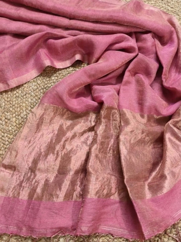 Indiehaat | Pure Handloom Silk Linen Saree Pink