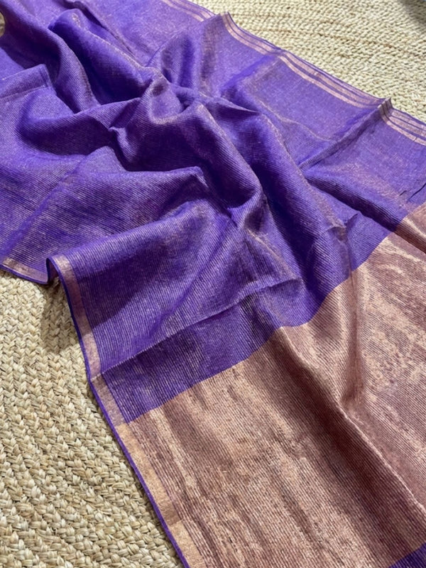 Indiehaat | Pure Handloom Silk Linen Saree Purple