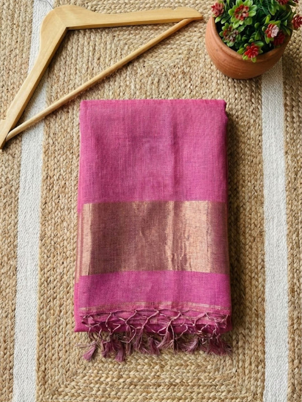 Indiehaat | Pure Handloom Silk Linen Saree Pink